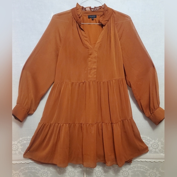 1. State Burnt Orange Long Sleeve Chiffon Mock Neck Dress Size XL - Picture 3 of 7